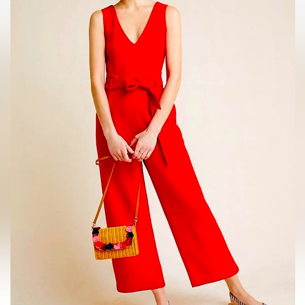 Anthropologie Red Jumpsuit with Plunging V-Neckline and Cropped Wide-Leg Pants
